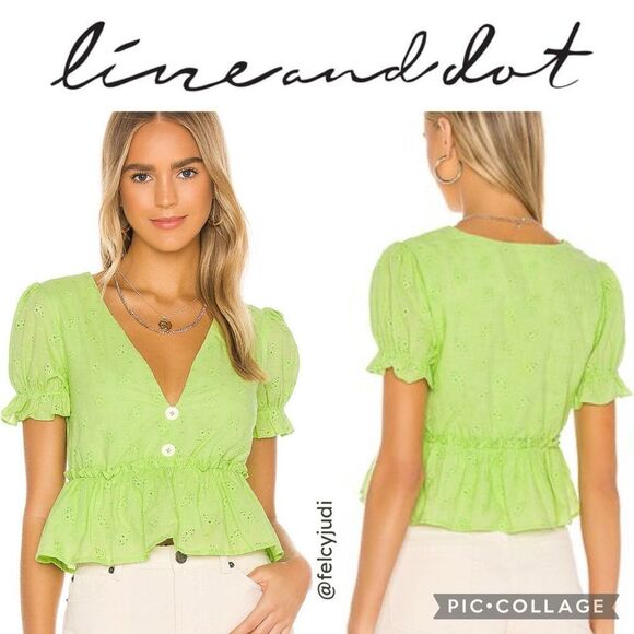 Line & Dot‎ | Women's Willow V-Neck Peplum Eyelet Top in Green, Size Small - Picture 1 of 8